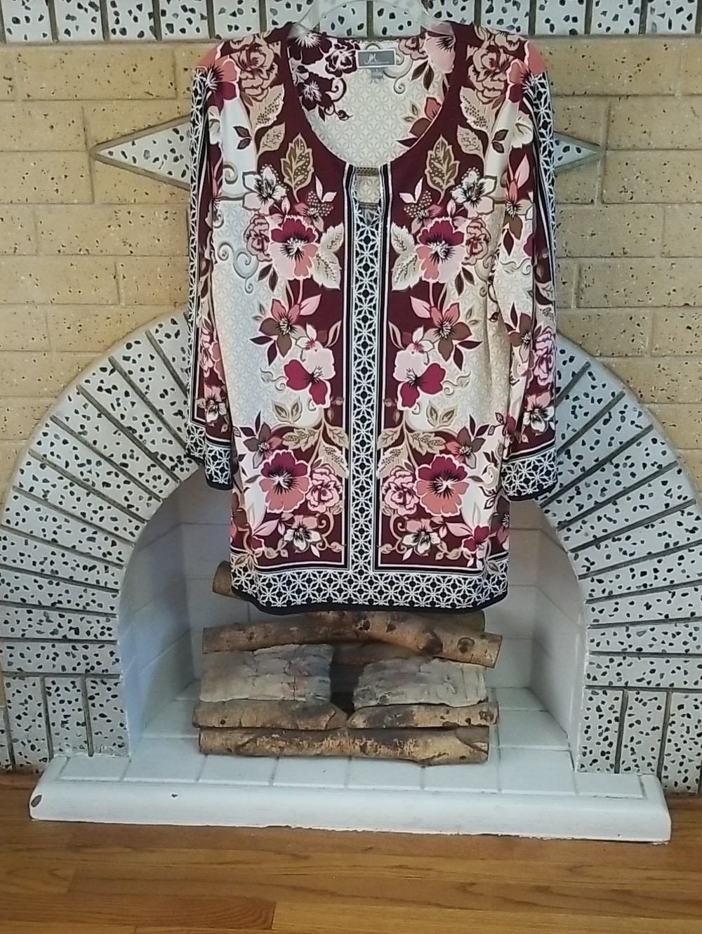 JM Collection Cream Tunic with Burgundy and Tan Floral Print